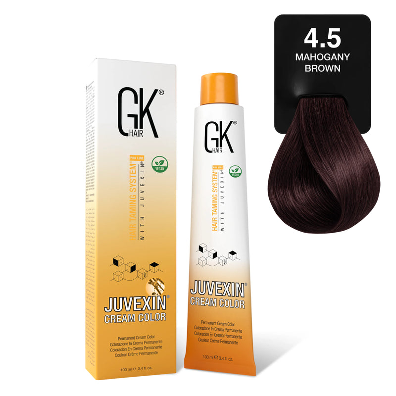 GK Hair's Juvexin 4.5 Mahogany Brown Cream Color product set including Volume Developer.