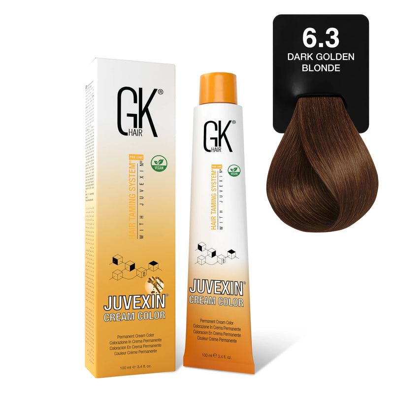 GK Hair's Juvexin 6.3 Dark Golden Blonde Cream Color product set including Volume Developer.