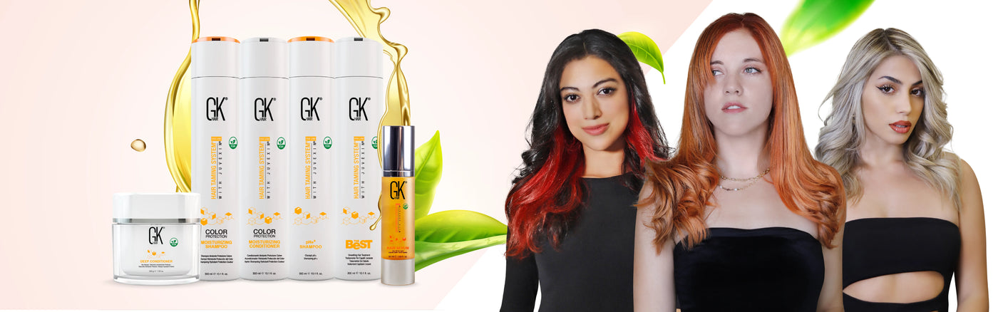 Blog banner with GK Hair Deep Conditioner, shampoos, The Best and Hair Serum beside models with red, copper and blonde hair