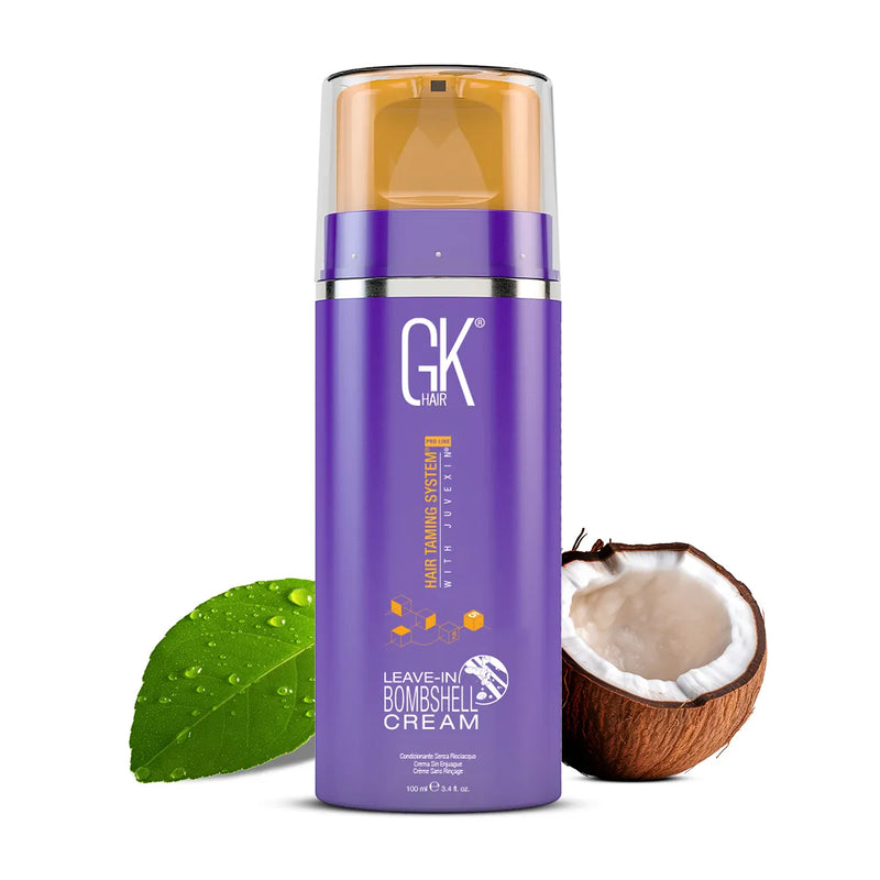GK Hair Leave-In Bombshell Cream Pro 100 ml purple pump bottle beside a green leaf and half a coconut