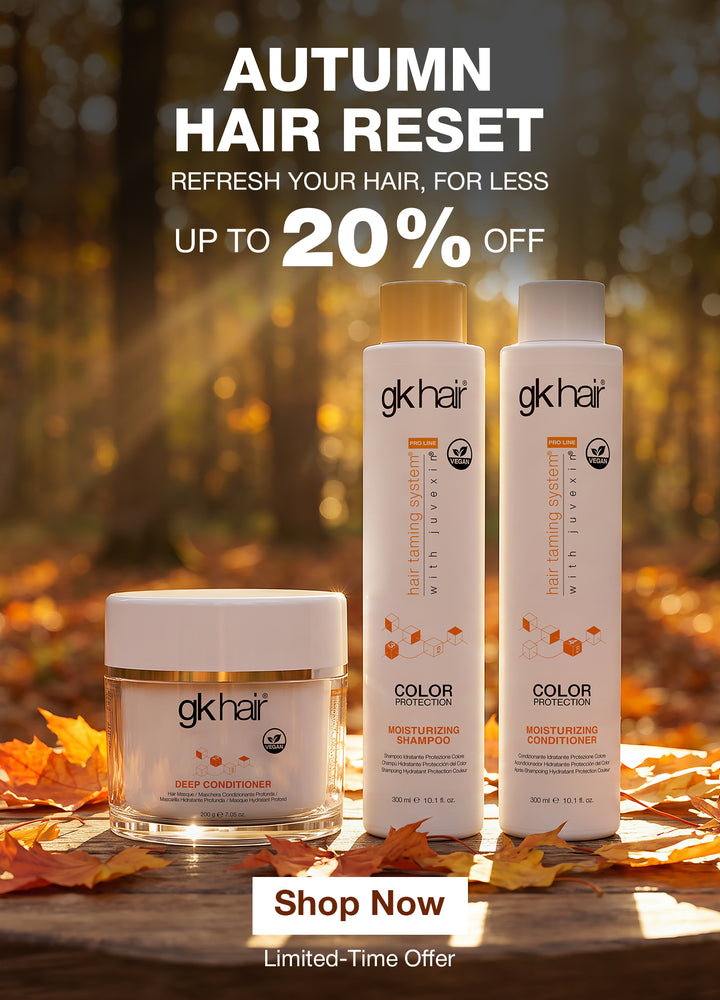 'AUTUMN HAIR RESET, UP TO 20% OFF' banner: Deep Conditioner jar and Color Protection Moisturizing duo on autumn leaves, Shop Now