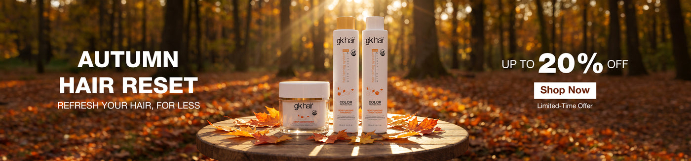 Wide 'AUTUMN HAIR RESET, REFRESH YOUR HAIR FOR LESS, UP TO 20% OFF' banner: Deep Conditioner and Color Protection Moisturizing duo on leaves