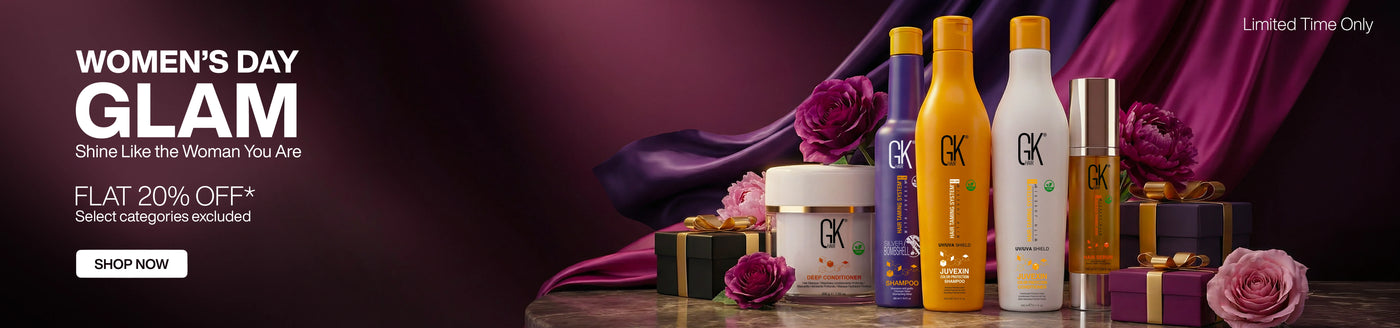 GK Glam hair care products with promotional text on a dark background