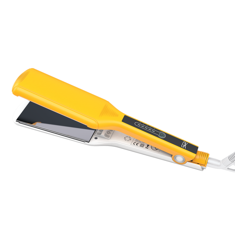 GK Hair One Control Titanium Flat Iron in yellow and white, angled view with the plates open on a white background