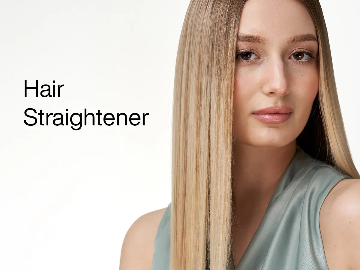 A person with long, straight hair wears a light-colored satin top, with text beside them reading "Hair Straightener."