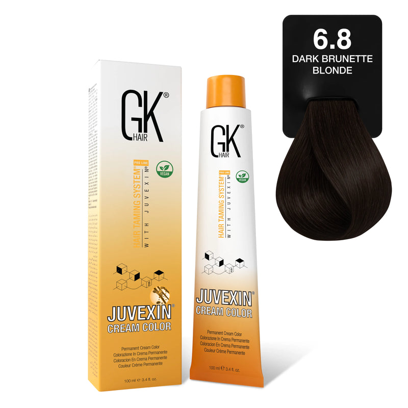 GK Hair's Juvexin 6.8 Dark Brunette Blonde Cream Color product set with volume developer on a white background.