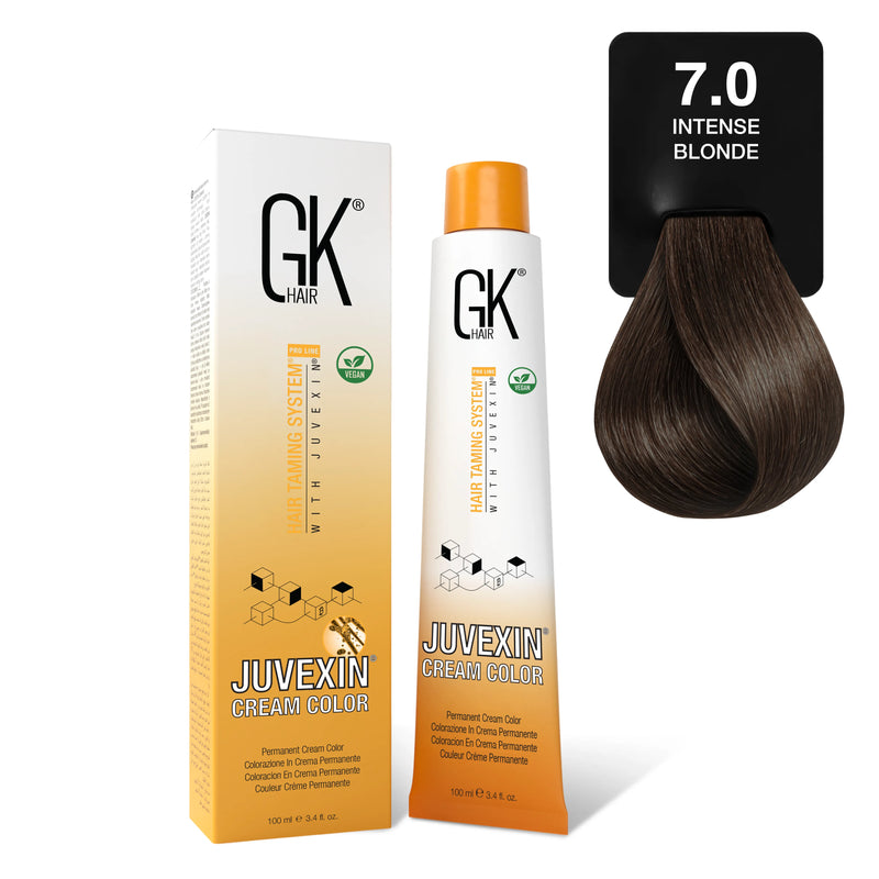 GK Hair's Juvexin 7.0 Intense Blonde Cream Color product set including Volume Developer.