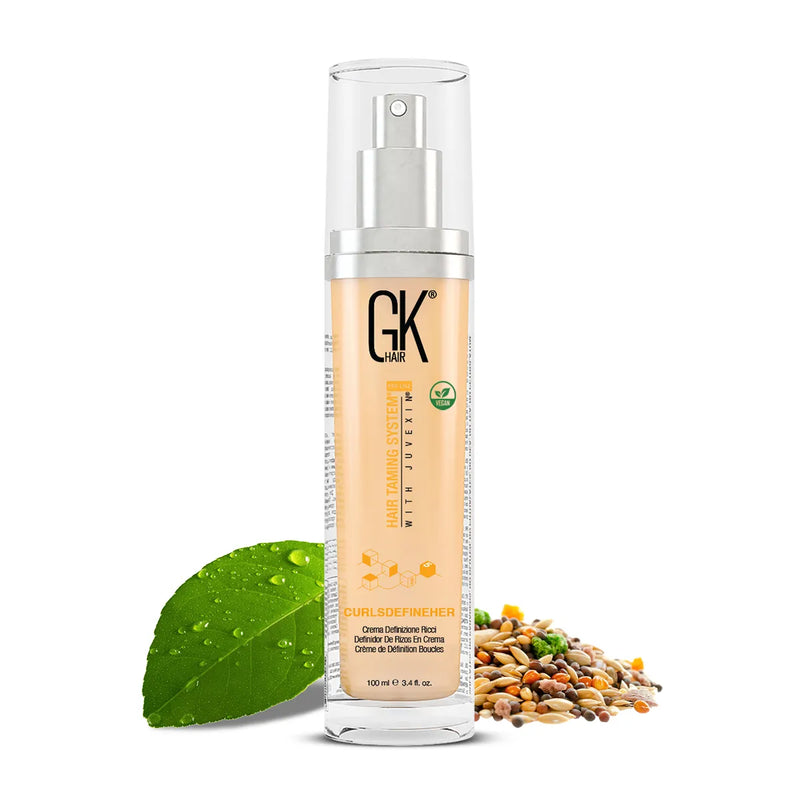 GK Hair CurlsDefineHer curl defining cream 100 ml pump bottle with a green leaf and mixed seeds