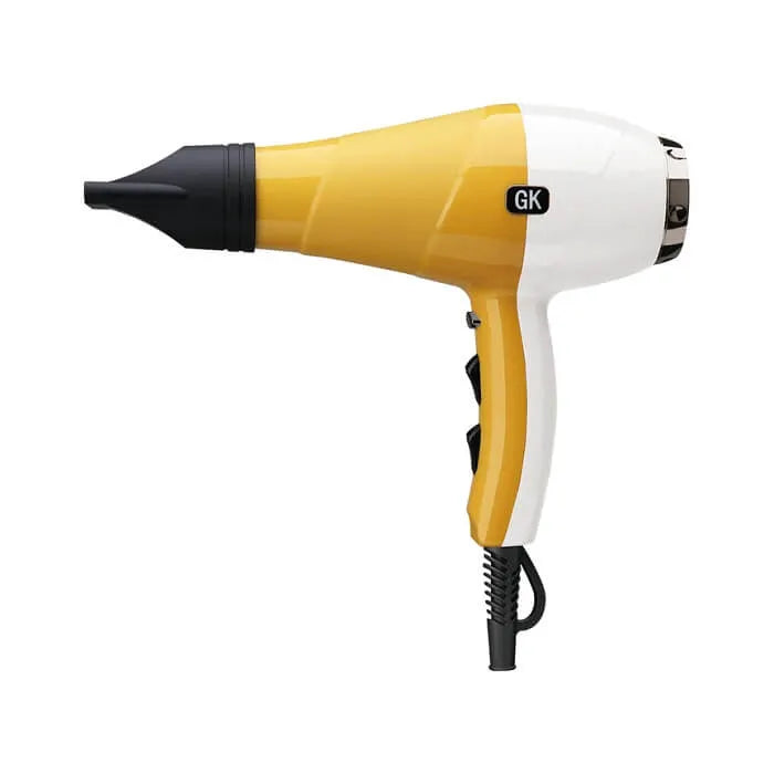 GK Hair Ion Pro Blow Dryer in yellow and white with concentrator nozzle, side view on a white background