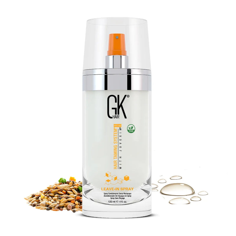 GK Hair Leave-In Spray 120 ml pump bottle, Hair Taming System with Juvexin, vegan badge, beside seeds and oil droplets