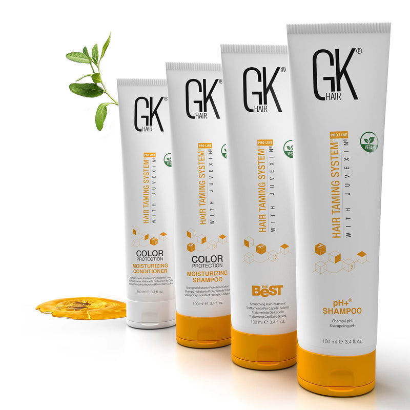 GK Hair The Best Hair Professional Kit: four 100 ml tubes angled in a row beside sage leaves and a pool of golden oil