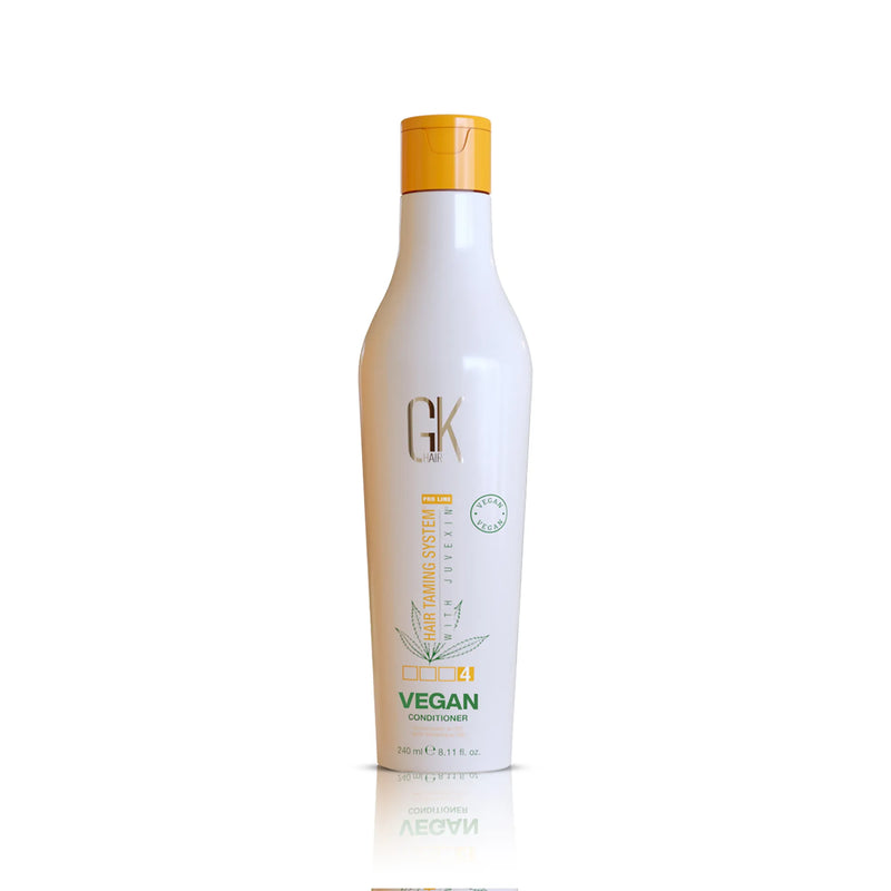 GK Hair Vegan Shampoo & Conditioner: 240 ml Vegan Conditioner in a white bottle with orange flip cap, front view