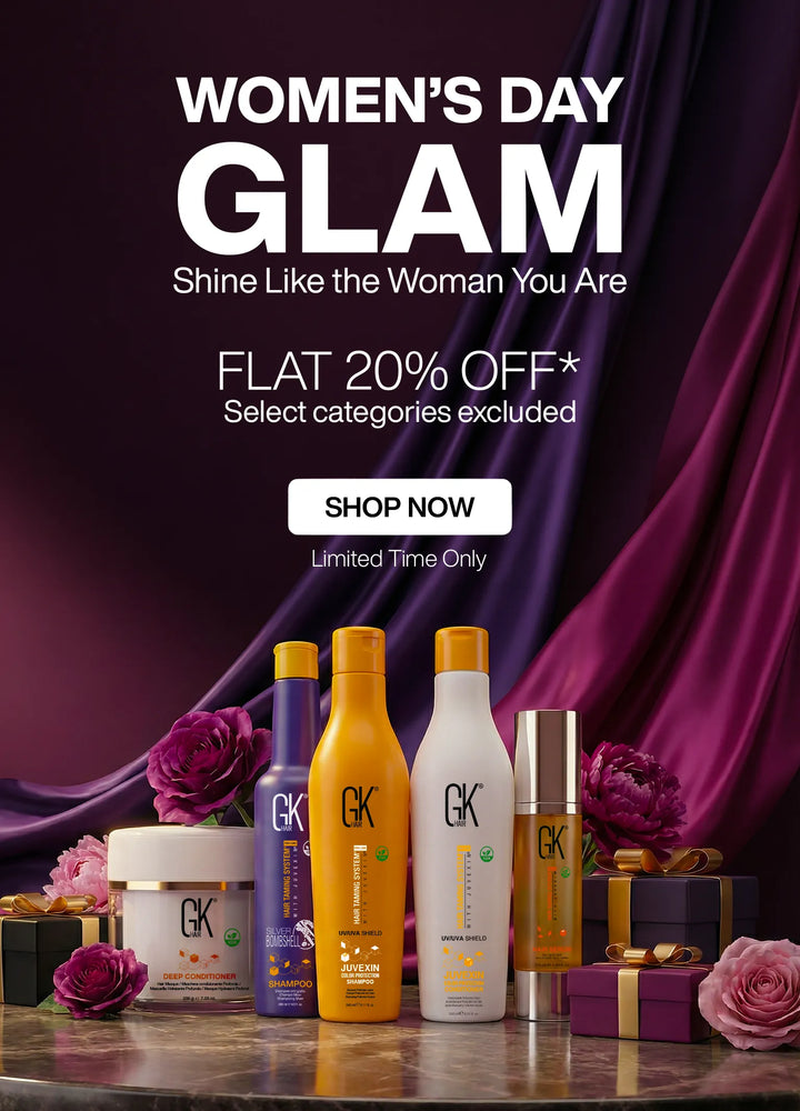 Advertisement for Women's Day Glam sale with skincare products and decorative elements on a dark background.